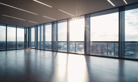 Sunlight streams through large windows in a modern office spaceの素材