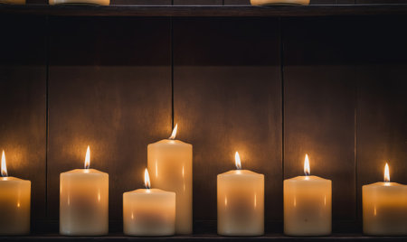 Seven candles are lit on a wooden shelf, casting a warm glowの素材