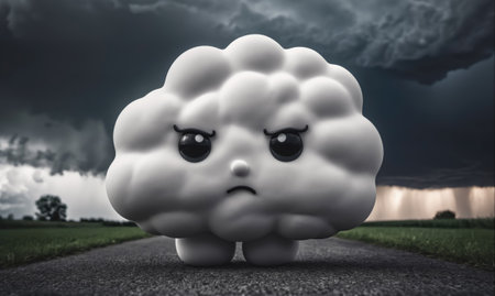 A cartoon cloud with a grumpy expression walks down a road, with a dark storm looming in the backgroundの素材