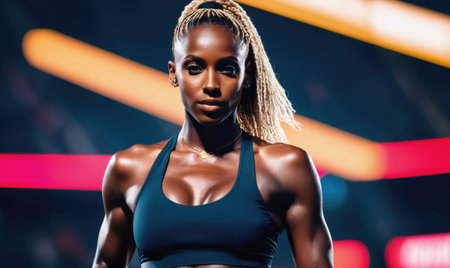 A woman with braided hair stares intensely at the camera, standing against a backdrop of blurred colorful lightsの素材