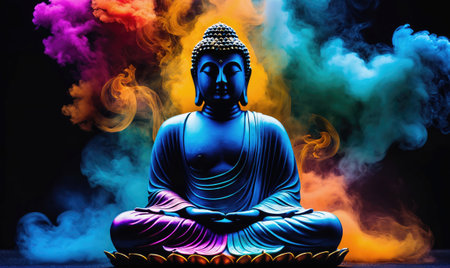 A blue statue of Buddha sits in meditation surrounded by colorful smokeの素材