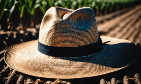 A straw hat with a black band sits on the ground in a field of cropsの素材