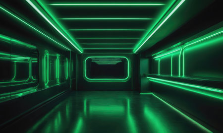 A futuristic hallway illuminated by green neon lightsの素材