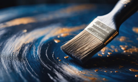 A paintbrush glides over a blue canvas, leaving behind a trail of gold paintの素材