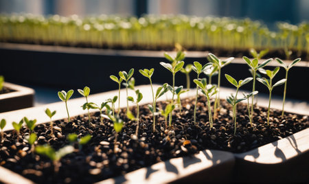 Green seedlings grow in a tray filled with dark soilの素材