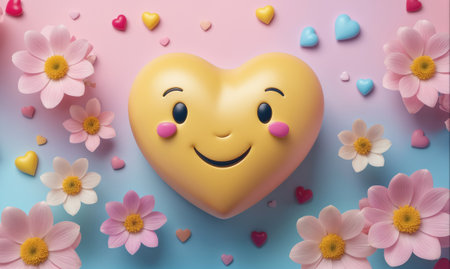 A yellow heart emoji smiles surrounded by pastel pink and blue flowers and heartsの素材