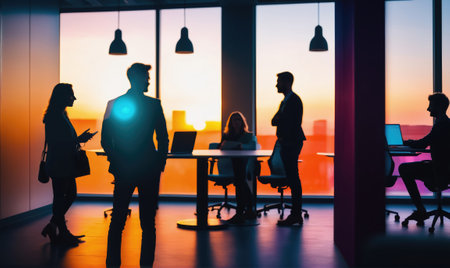 Silhouettes of people in an office building during a sunset, with a cityscape visible through the windowsの素材