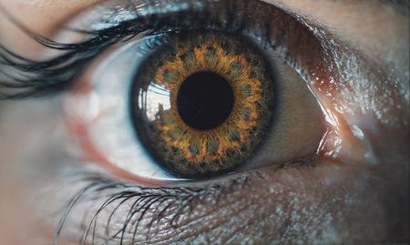 A close-up of a brown eye with long eyelashes, revealing intricate detail in the irisの素材