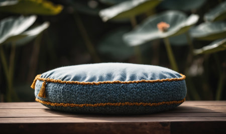 A blue cushion with a yellow trim sits on a wooden bench in a garden settingの素材