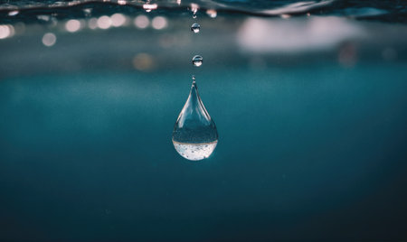 A single drop of water hangs suspended just above the surface of a still poolの素材