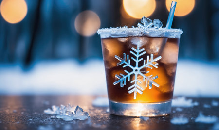 A glass of iced tea with a snowflake design sits on a snowy table, perfect for a cold winter dayの素材