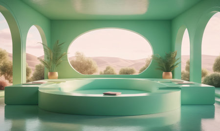 A modern, green room with large arched windows and a circular pool of water in the centerの素材