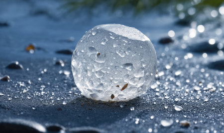 A clear, spherical ice ball rests on a wet surface covered in droplets of waterの素材