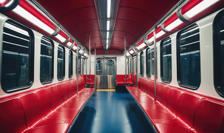An empty subway car with red seats and a blue floorの素材