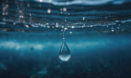 A single water drop hangs suspended in the air above a rippling surfaceの素材