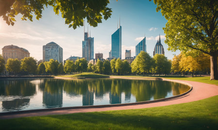 A calm pond reflects the city skyline in a park on a sunny dayの素材