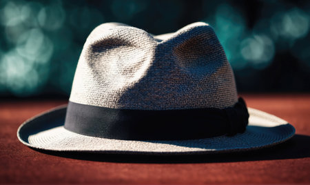 A grey fedora hat with a black band sits on a red surfaceの素材
