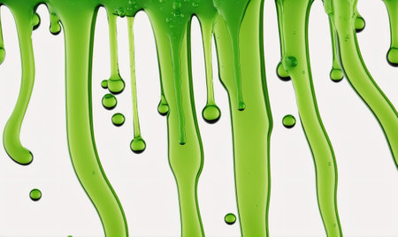 Green liquid drips down a white backgroundの素材