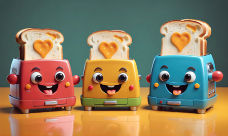 Three cartoon toasters with heart-shaped toast stand side-by-side on an orange tableの素材