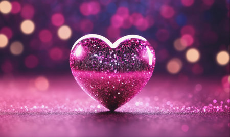 A pink glittery heart sits on a table with a blurred purple backgroundの素材