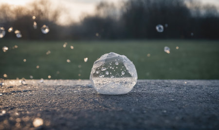 A frozen water ball sits on the ground with water droplets flying off of itの素材