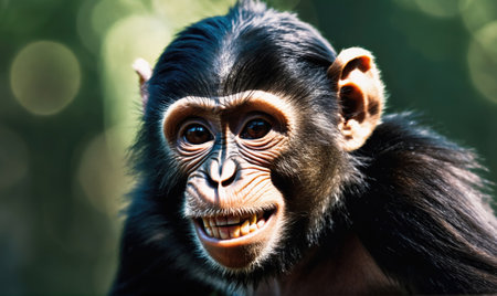 A young chimpanzee smiles for the camera in a lush green forestの素材