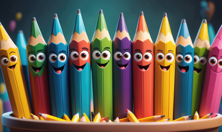 Smiling colored pencils stand in a pot, ready for a creative adventureの素材