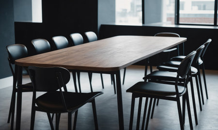 A long, wooden table with black chairs sits in an office spaceの素材