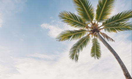 A tall palm tree reaches towards a bright blue sky with fluffy white clouds on a sunny dayの素材