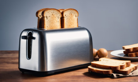 A stainless steel toaster with two slices of toasted bread pops up on a wooden tableの素材