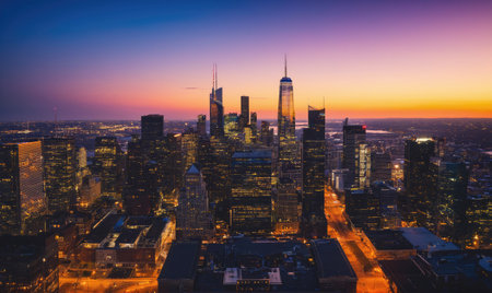 The New York City skyline glows at sunset, with the iconic skyscrapers illuminated by the warm light of the setting sunの素材