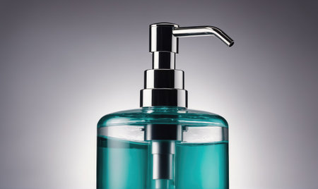 A silver pump dispenser sits on a gray background, filled with teal liquidの素材