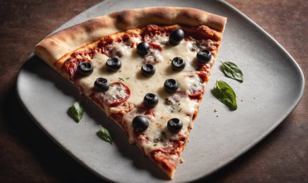 A slice of pizza with black olives and melted cheese on a gray plateの素材