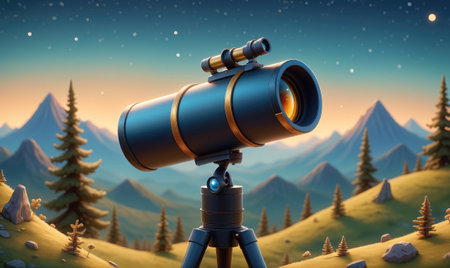 A telescope sits atop a hill overlooking a mountain range, ready for an evening of stargazingの素材