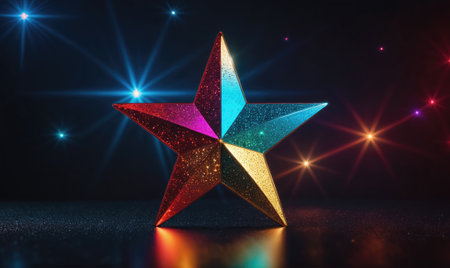 A large, colorful star stands out against a dark background with sparkling lightsの素材