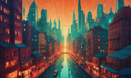 A city canal at dusk, lined with buildings and illuminated by streetlightsの素材