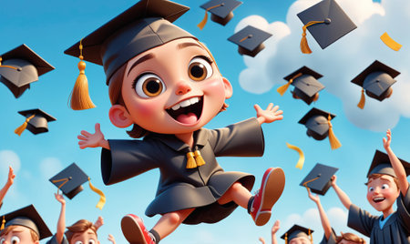 A young girl in a graduation gown jumps for joy as caps fly through the airの素材