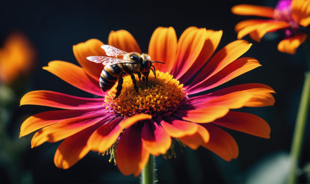 A bee gathers nectar from a vibrant orange and pink flower on a sunny dayの素材