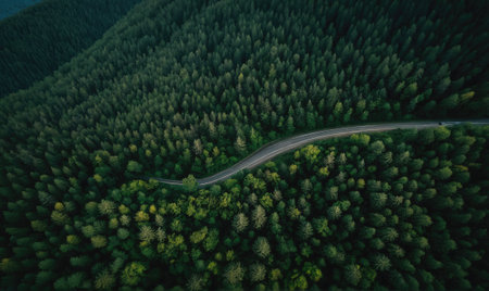 A winding road snakes through a dense forest, seen from aboveの素材