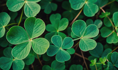 Green shamrock leaves grow in a lush patch during the springの素材