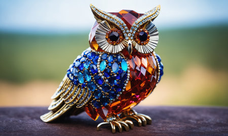 A jeweled owl figurine sits on a wooden surface, surrounded by a blurry green backgroundの素材