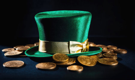 A green leprechaun hat sits on a dark surface surrounded by gold coinsの素材