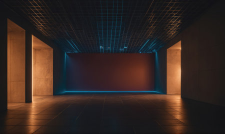 An empty room with a blue light emanating from the ceiling, illuminating the walls with a warm glowの素材