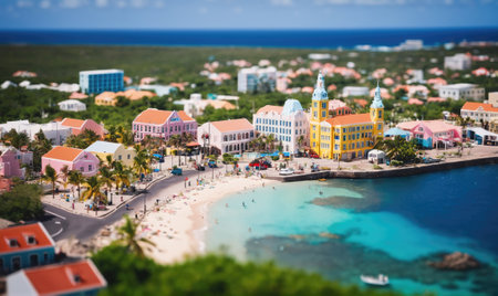 A charming town with colorful buildings sits on a sandy beach with clear blue water in the Caribbeanの素材