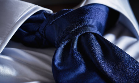 A close-up of a navy blue tie tied around a white dress shirtの素材