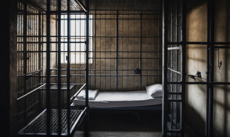 A small prison cell with a bed and a barred windowの素材