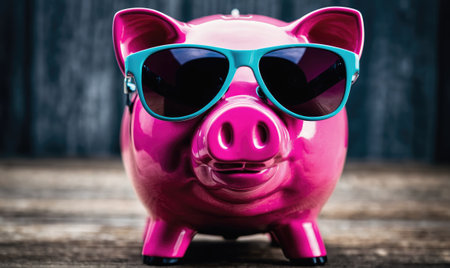 A pink piggy bank wearing sunglasses sits on a wooden tableの素材