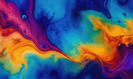 Abstract swirls of blue, yellow, purple, and red paint blend together in a mesmerizing patternの素材
