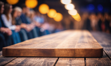 A close-up of a wooden table with a blurry background of people sitting at a gatheringの素材