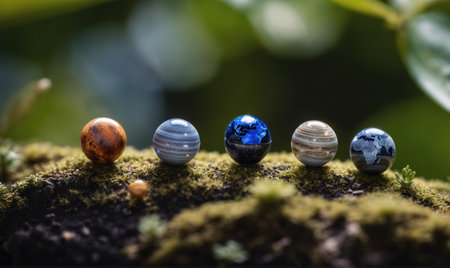 Five colorful marbles depicting planets are arranged on a mossy log in a sunny forestの素材